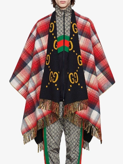 Shop Gucci Reversible Gg Wool Poncho In Red/gray/yellow