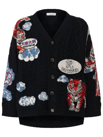 Shop Valentino Tiger Embroidered Cardigan In Black