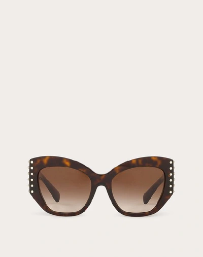 Shop Valentino Occhiali Acetate Sunglasses With Crystal Studs In Brown