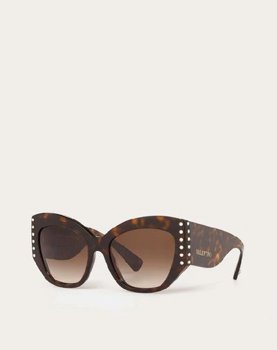 Shop Valentino Occhiali Acetate Sunglasses With Crystal Studs In Brown