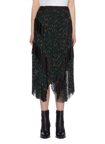 Shop Sacai Pleated Panelled Leopard Print Handkerchief Wrap Skirt