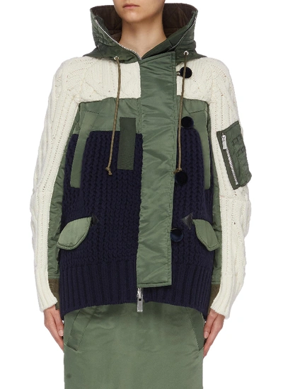 Shop Sacai Colourblock Mix Knit Hooded Bomber Jacket