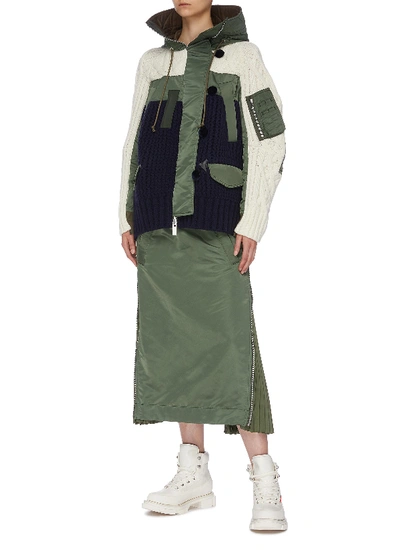 Shop Sacai Colourblock Mix Knit Hooded Bomber Jacket