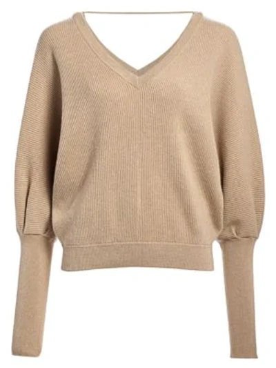 Shop Brunello Cucinelli Cashmere Puff-sleeve V-neck Sweater In Farro