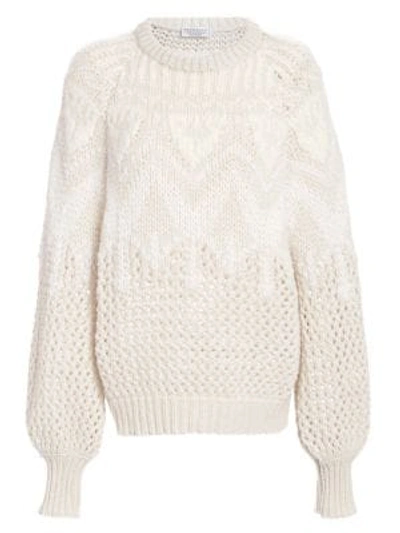 Shop Brunello Cucinelli Opera Intarsia Crochet Cashmere & Silk Knit Jumper In White