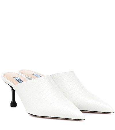 Shop Prada Embossed Leather Mules In White