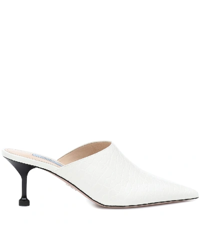 Shop Prada Embossed Leather Mules In White