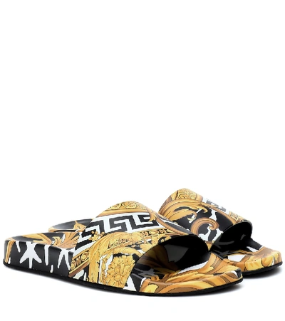 Shop Versace Printed Slides In Yellow