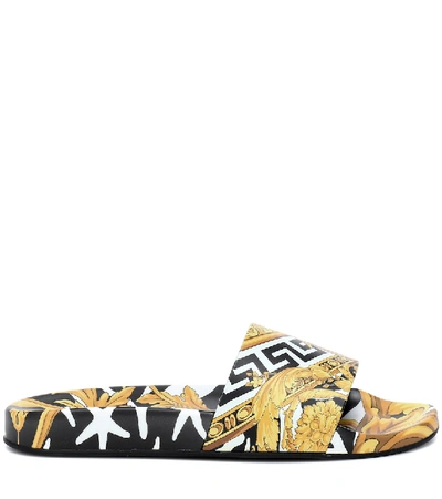 Shop Versace Printed Slides In Yellow