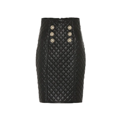 Shop Balmain Quilted Leather Skirt In Black