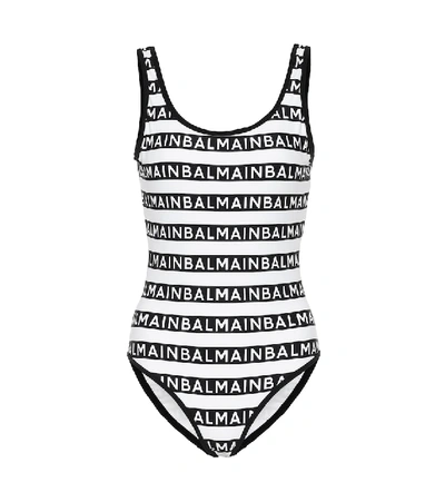 Shop Balmain Logo Swimsuit In White