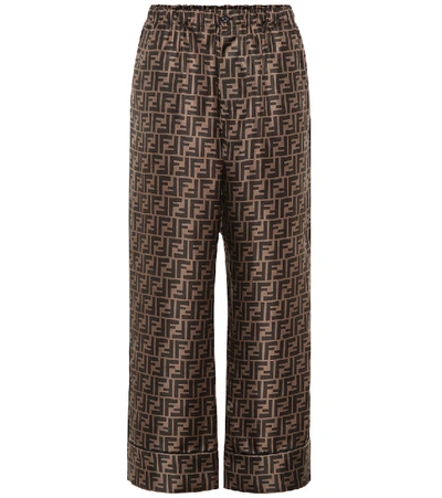 Shop Fendi Printed Silk Wide-leg Cropped Pants In Brown