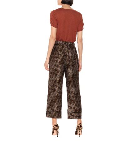 Shop Fendi Printed Silk Wide-leg Cropped Pants In Brown