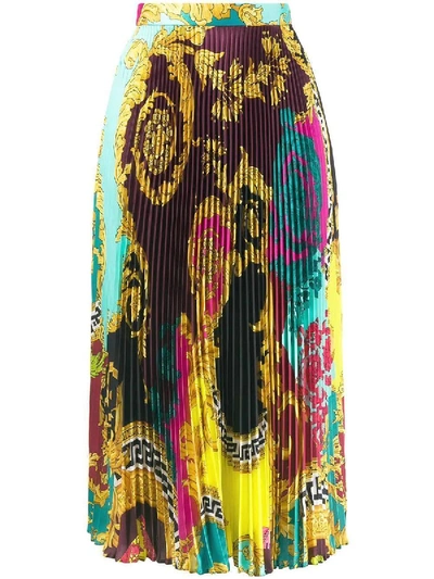 Shop Versace Baroque Printed Pleated Skirt Multicolor