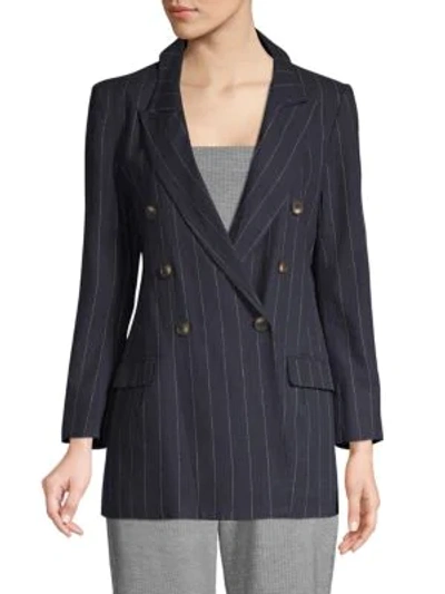 Shop L Agence Brea Pinstripe Linen Blazer In Navy Ivory