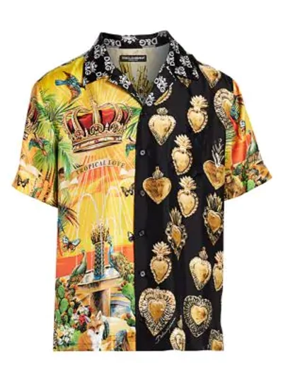 Shop Dolce & Gabbana Mixed Print Silk Sport Shirt In Yellow