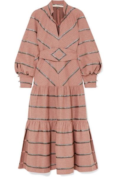 Shop Anna Mason Vita Metallic Embroidered Cotton-blend Jacquard Midi Dress In Pink