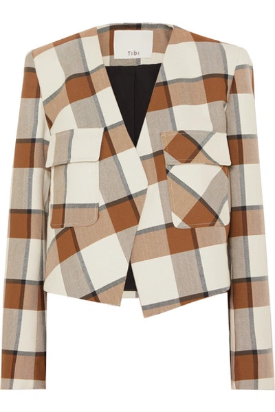 Shop Tibi Dylan Cropped Plaid Woven Jacket In Ivory