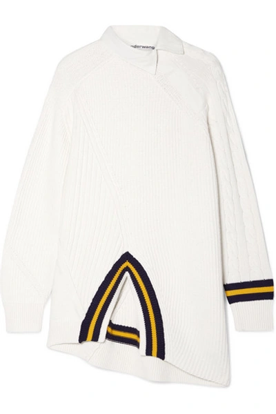 Shop Alexander Wang Oversized Asymmetric Twill-trimmed Striped Cotton-blend Sweater In Ivory