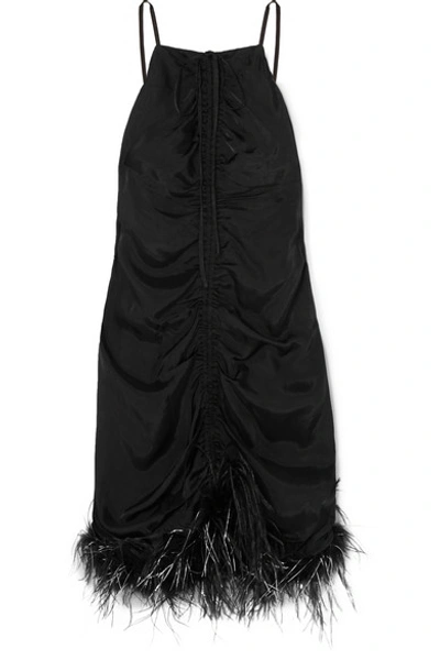 Shop Alice Mccall Favour Feather-trimmed Ruched Satin Mini Dress In Black