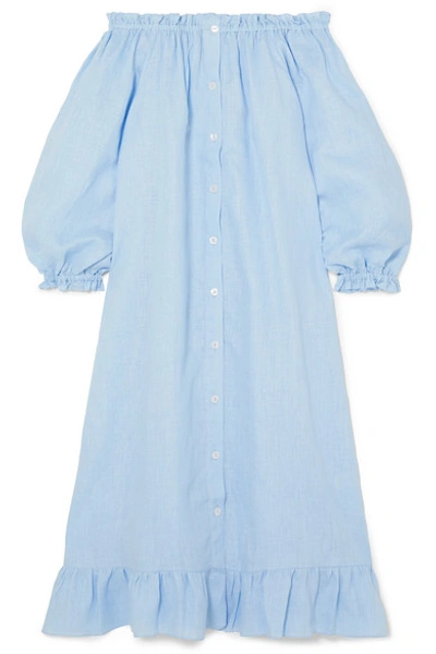 Shop Sleeper Off-the-shoulder Ruffled Linen Midi Dress In Blue