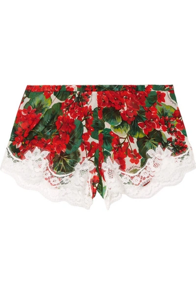 Shop Dolce & Gabbana Lace-trimmed Floral-print Silk-blend Georgette Shorts In Red