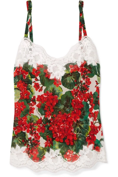 Shop Dolce & Gabbana Lace-trimmed Floral-print Silk-blend Georgette Camisole In Red