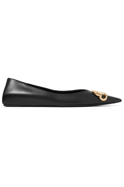 Shop Balenciaga Square Knife Logo-embellished Leather Point-toe Flats In Black