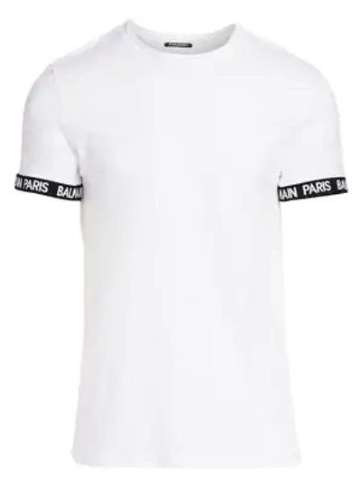 Shop Balmain Logo Cuff Crew T-shirt In White