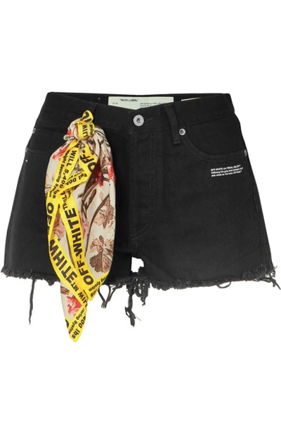 Shop Off-white Scarf-embellished Distressed Denim Shorts In Black