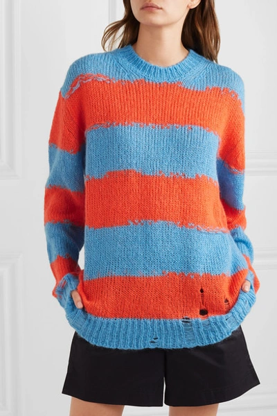 Shop Acne Studios Kantonia Distressed Striped Knitted Sweater In Blue
