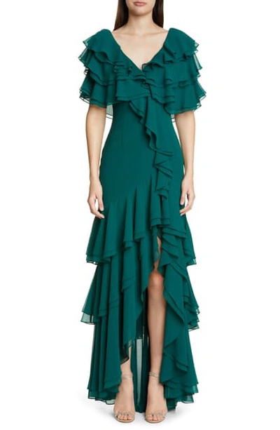 Shop Badgley Mischka Ruffle Evening Gown In Dark Emerald