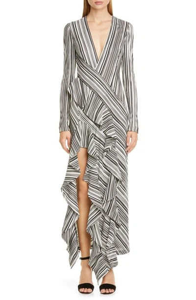 Shop Galvan Taja Ruffle Long Sleeve Evening Dress In Black And White