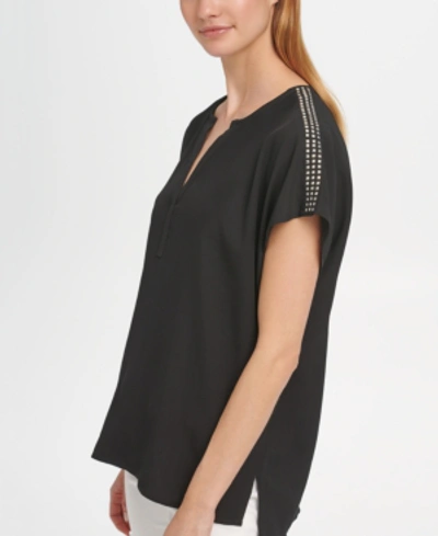 Shop Dkny Embellished-shoulder V-neck Top In Black