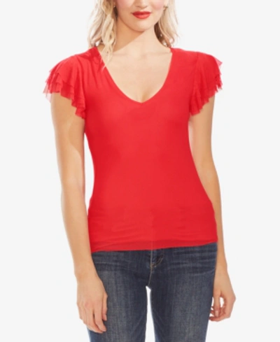 Shop Vince Camuto Tiered Ruffle-sleeve Mesh Top In Crimson Red
