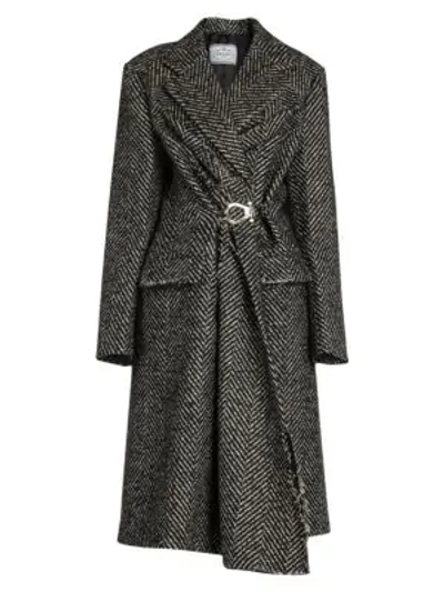 Shop Prada Chevron Tweed Wool-blend Cinched Coat In Black