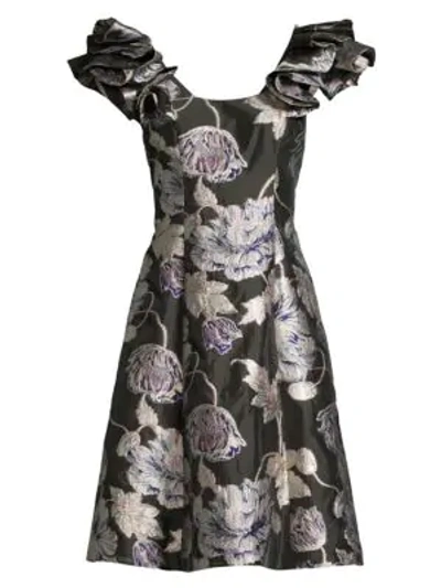 Shop Aidan Mattox Floral Jacquard A-line Dress In Aubergine