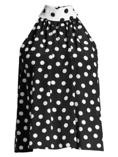 Shop Alice And Olivia Liana Bow-back Dotted Blouse In Polka Dot Black Soft White Combo