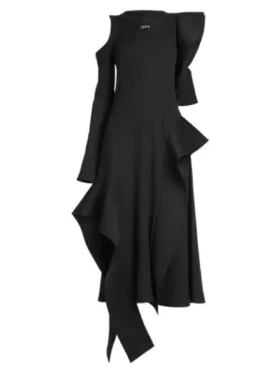 Shop Off-white Asymmetric One-sleeve Ruffle Knit Dress In Black