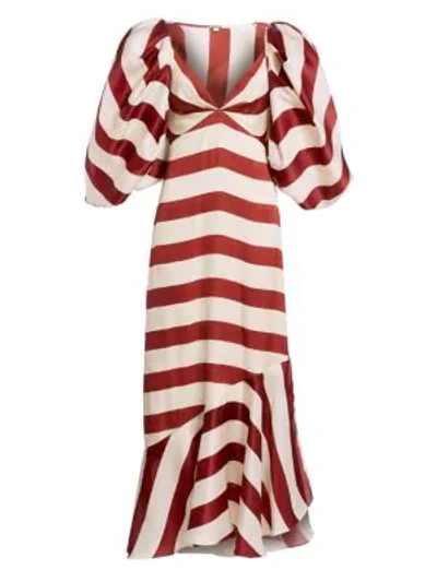 Shop Johanna Ortiz Parada En Altamar Striped Silk Puff-sleeve Maxi Dress In Sangria