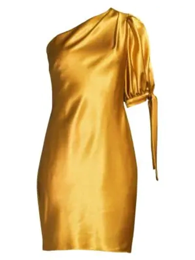 Shop Aidan Mattox Asymmetric One-shoulder Liquid Satin Cocktail Dress In Mustard