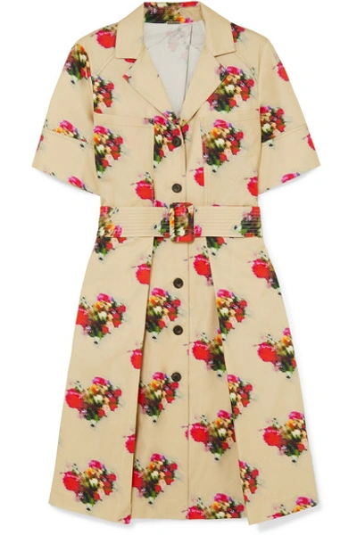 Shop Adam Lippes Floral-print Belted Cotton-twill Dress In Beige