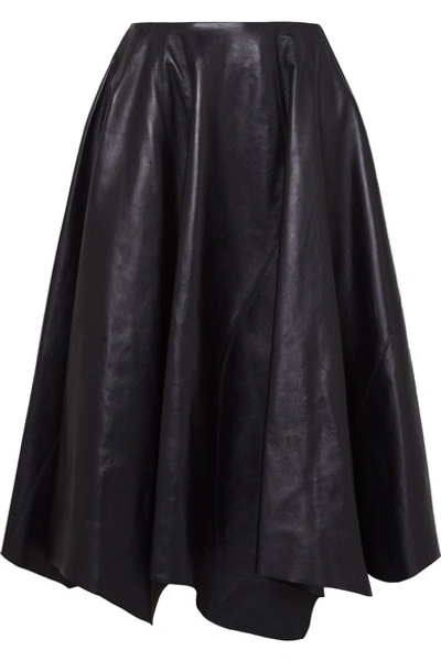 Shop Marni Asymmetric Leather Midi Skirt In Navy