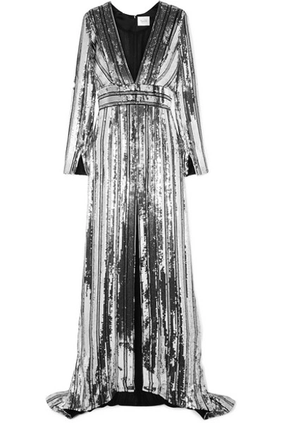 Shop Galvan Stardust Sequined Chiffon Gown In Silver