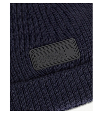 Shop Prada Logo Patch Wool Beanie In Bleu