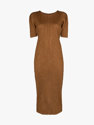 Shop Issey Miyake Pleats Please By  Pleated Midi Dress In Brown