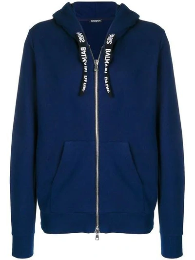 Shop Balmain Logo Drawstring Hooded Sweater Blue