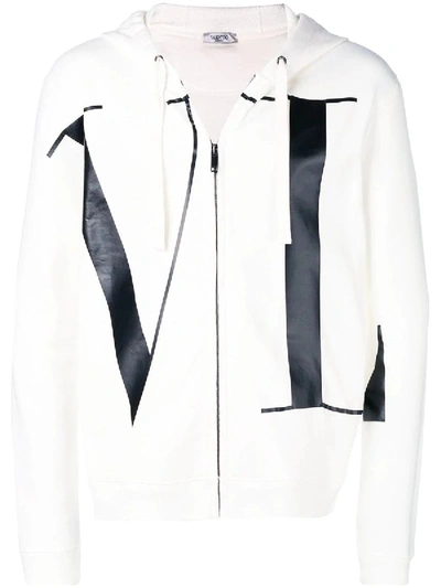 Shop Valentino Letters Print Zipped Hoodie In White