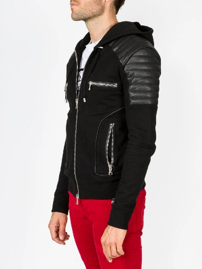 Shop Balmain Leather Patch Hoodie In Black