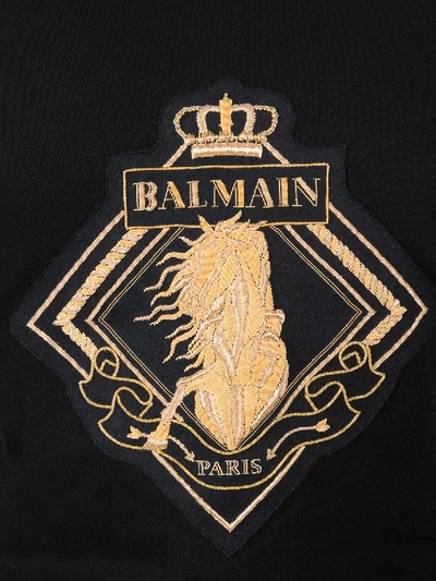 Shop Balmain Leather Patch Hoodie In Black